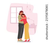 Mother and Crying Daughter Hugging in Living Room Speak and Share Problems. Parent Support Child. Mom and Girl Character Talking, Confidential Relations, Parenting. Cartoon People Vector Illustration