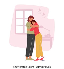 Mother and Crying Daughter Hugging in Living Room Speak and Share Problems. Parent Support Child. Mom and Girl Character Talking, Confidential Relations, Parenting. Cartoon People Vector Illustration