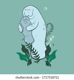 Mother And Cub Of Manatee With Algae On A Green Background. Vector Graphics.