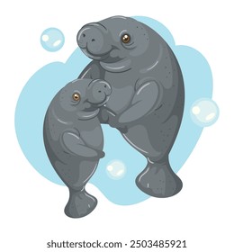 mother and cub of sea cow isolated