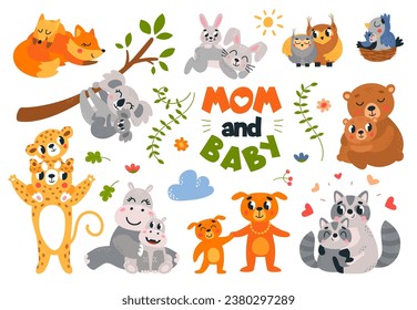 Mutter und Jungtiere. Cartoon Baby Tier umarmt Mütter. Koala, Hippo und Bären, lustiger Raccoon und Vögel in nestklassigen Vektorgrafiken