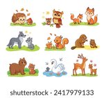 Mother and cubs of forest animals. Forest families-bear, fox, hedgehog, owls, wolf, deer, squirrel, beaver, swan, in cartoon style. Vector illustration of a family of wild forest animals.