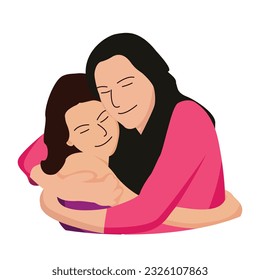 Mother cuddles, hugs, and adores her child, daughter, cute simple flat drawing for greeting card design