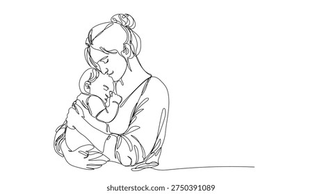 Mother Cuddling Sleeping Baby , continuous line art ,  vector illustration
