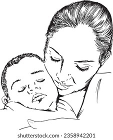 Mother cuddling sleeping baby vector illustration