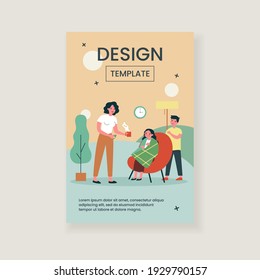 Mother curing daughter in plaid from flu. Cold, syrup, temperature flat vector illustration. Healthcare and therapy concept for banner, website design or landing web page