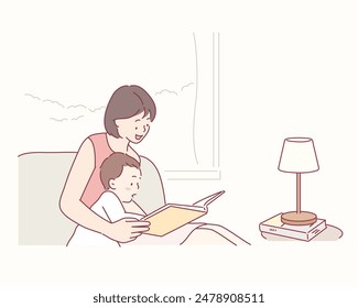 Mother with cute baby reading book. Family, early development, activity, learning. Hand drawn style vector design illustrations.