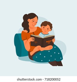 Mother with cute baby reading book. Family, early development, activity, learning