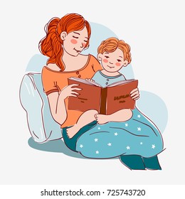 Mother with cute baby reading book. Family, early development, activity, learning