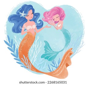 Mother and cute daughter mermaid drawing, mother's day illustration.