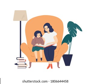 Mother and cute daughter reading book together vector flat illustration. Happy woman enjoy motherhood spending time with little girl isolated. Family hold literature with fairy tale sit on armchair