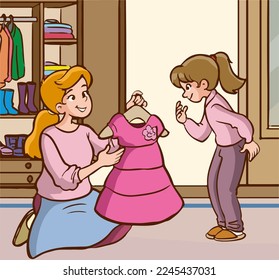 mother and cute little daughter choose dress cartoon vector