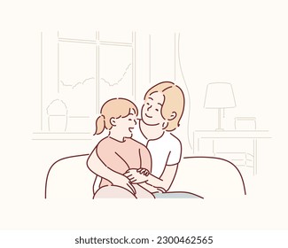 madre y linda hija linda en casa. Ilustraciones de diseño vectorial de estilo dibujado a mano.