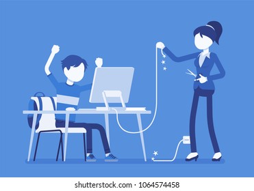 Mother cuts computer wire. Angry mother tired with her adolescent son excessive using, negative feelings about not walking outdoor, gaming in internet. Vector illustration with faceless characters