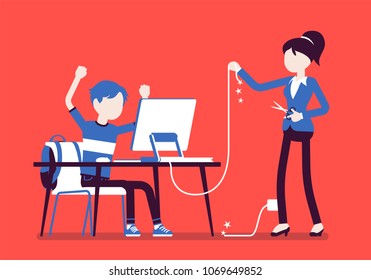 Mother cuts computer wire. Angry mother tired with her adolescent son excessive using, negative feelings about not walking outdoor, gaming in internet. Vector illustration with faceless characters