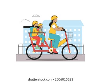 Mother is cycling with her older sister and younger brother to take them to school in the morning. Character design. Vector flat illustration