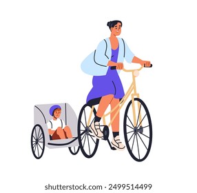 Madre que monta en bicicleta con el niño en el asiento del remolque. Mujer que monta la bici con el niño en Carrito. Familia activa feliz, madre e hijo en viaje. Ilustración vectorial plana aislada sobre fondo blanco