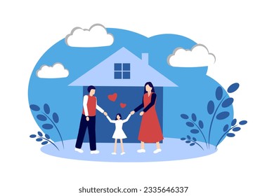 
Mother
, dad and daughter are standing near the house. A happy family. Vector illustration isolated on white background.