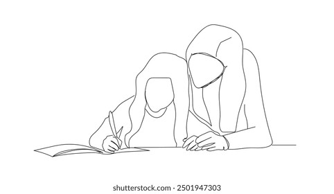 Mother daily activity concept. One continuous line drawing of young mother was looking at her daughter who was doing homework. Dynamic single line draw graphic design vector illustration