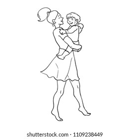 Mother is dancing with her son. Hand drawn vector line illustration isolated on background.