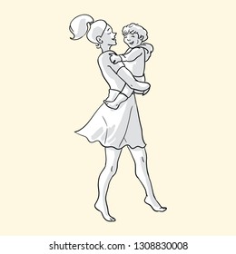 Mother is dancing with her son. Hand drawn vector line illustration isolated on background. Monohrome illustration for greeting card, poster, textile