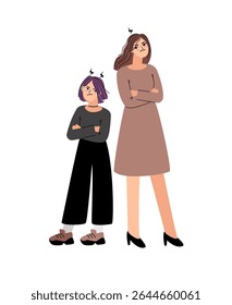 Mother and daughter angry and offended to each other after quarrel. Hurts of close people vector illustration original artwork