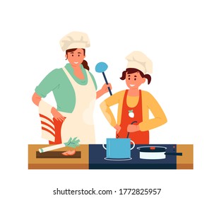 Mother With Daughter In Aprons And Chef Hats With Ladles Making Dinner Together. Family Activities. Isolated On White. Flat Vector Illustration.