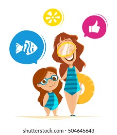 Mother and daughter in aquapark Healthy family
