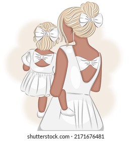 Mother and daughter in arms, in a beautiful dress with hair, vector illustration print