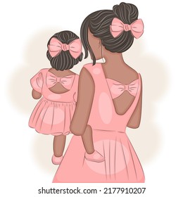 Mother and daughter in arms, in a beautiful dress with hair, vector illustration print