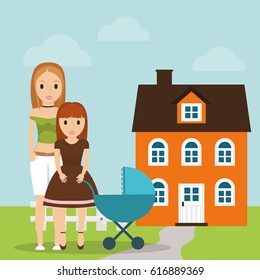 mother daughter and baby carriage house