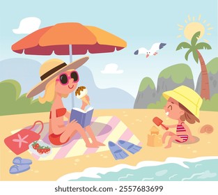 Mother with daughter baby girl enjoying summer vacation, rest sunbathing on seaside in tropical sea at tropical resort with palm trees on background. Girl building sand castle. Vector illustration.