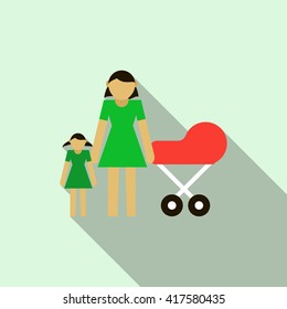 Mother with daughter and baby in red pram icon