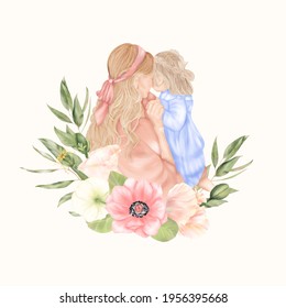 Mother and daughter back with anemone flowers, green leaves in pink and blue dresses. Mother's day
