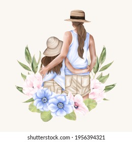 Mother and daughter back in blue dresses and hats with anemone flowers, green leaves. Mother's day

