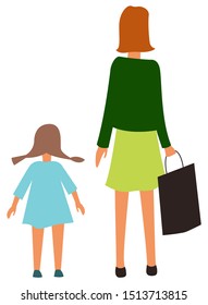 Mother and daughter back view isolated cartoon people. Vector mom and girl with pigtails, happy family at marketplace. Kindergarten child and adult woman