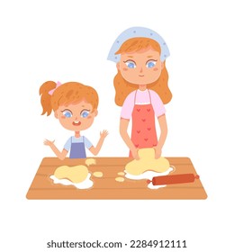 La madre y la hija hornean pastel juntos ilustraciones vectoriales. Mamá y chica de caricatura amen la masa en la mesa de cocina para hornear, hacer panadería de niños y mujeres en los delantales y trabajar con la pelota de harina de trigo y el alfiler rodante