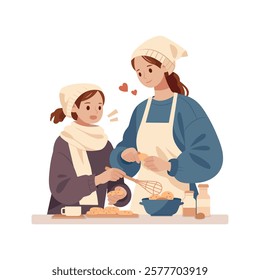 Mother and daughter baking cookies at home. Cooking together, family time. Cozy home atmosphere. Vector illustration isolated on white background.