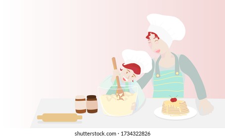 Mother and daughter are baking sweets during detention Joyfully Due to the corona virus outbreak.vector,illustration,
