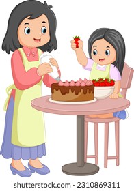 mother and daughter baking together cakes in the kitchen of illustration