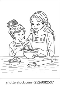 Mãe e Filha Cozinhando Juntos Página de Coloração. Vínculo Familiar na Arte da Linha da Cozinha para Crianças