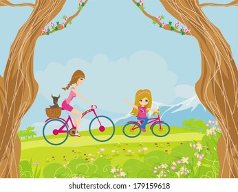 Mother and daughter biking in the park
