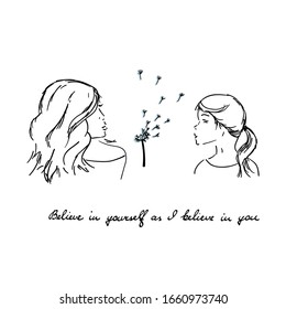Mother and daughter blowing on a dandelion, sharing the moment together hand drawn vector.