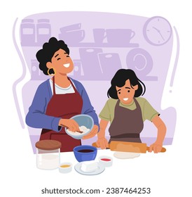 La Madre Y La Hija Estaban En La Cocina, Compartiendo La Risa Y El Amor Mientras Creaban La Magia Culinaria Juntos. Feliz Carácter Familiar Apreciando Cada Momento. Ilustración de vectores de personas de caricatura