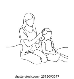 Mother Daughter Bonding Moment One Line Hair Braiding Illustration