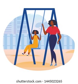 Mother and Daughter Bonding Vector Illustration. Little Girl on Swing and Babysitter Cartoon Characters. Babysitting, Mom and Child Spend Time Together. Childcare, Woman with Kid on Playground
