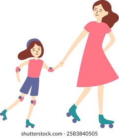 Mother and daughter, both wearing protective gear, joyfully holding hands while roller skating together, embracing fun and creating cherished memories during their outdoor adventure