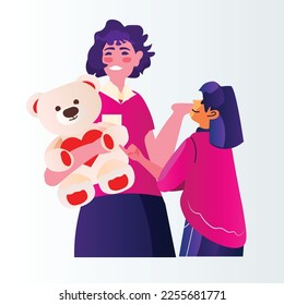 mother and daughter in boutique holding teddy bear in kids clothing store big sale shopping concept portrait