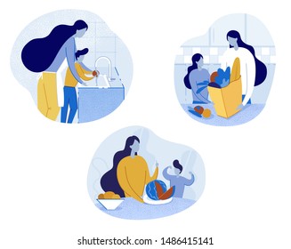 Mother and Daughter Bringing Paper Bag with Vegetables and Fruits Home Flat Cartoon Vector Illustration. Son Washing Tomato in Sink. Woman Telling about Vitamins in Fresh Organic Products. Watermelon.