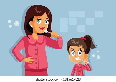 Mother and Daughter Brushing Teeth Vector Cartoon. Young mom and her child doing the bedtime routine for oral health
